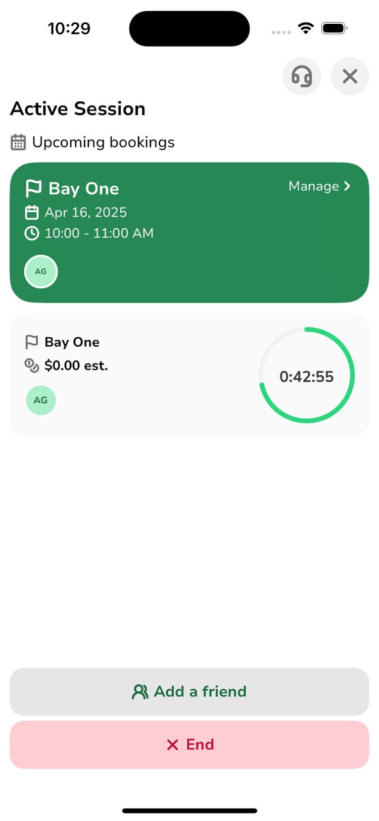 PARennial Golf app session management screen showing active golf simulator session with time tracking