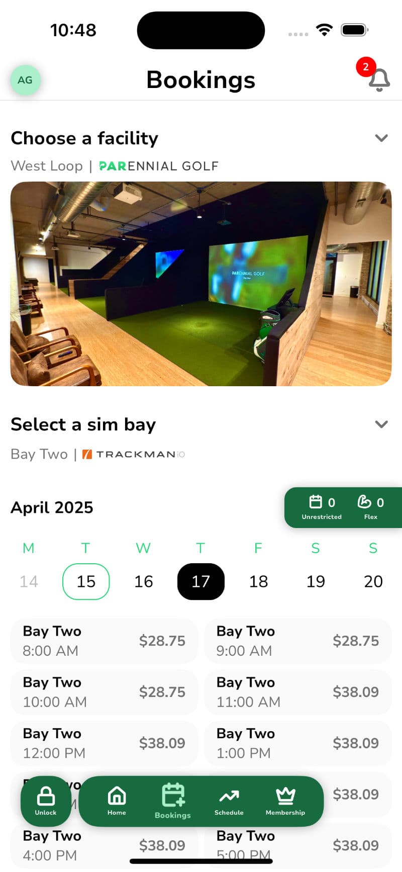 PARennial Golf mobile app booking interface showing tee time availability