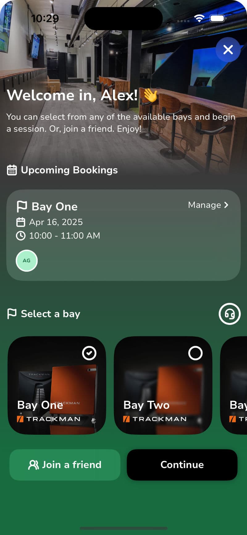 Simulator bay selection screen showing available options for golfers