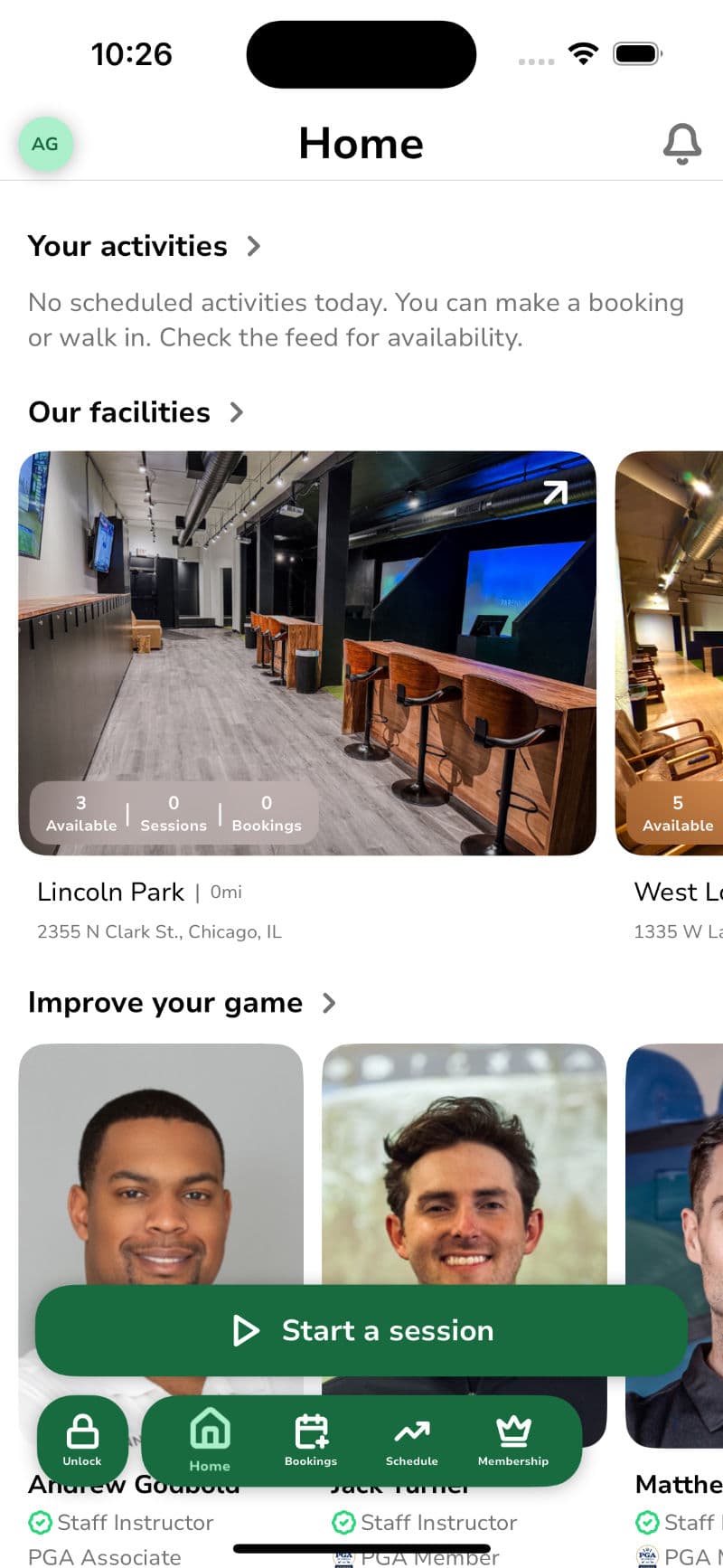 Request unlock screen interface showing how to enter a golf facility