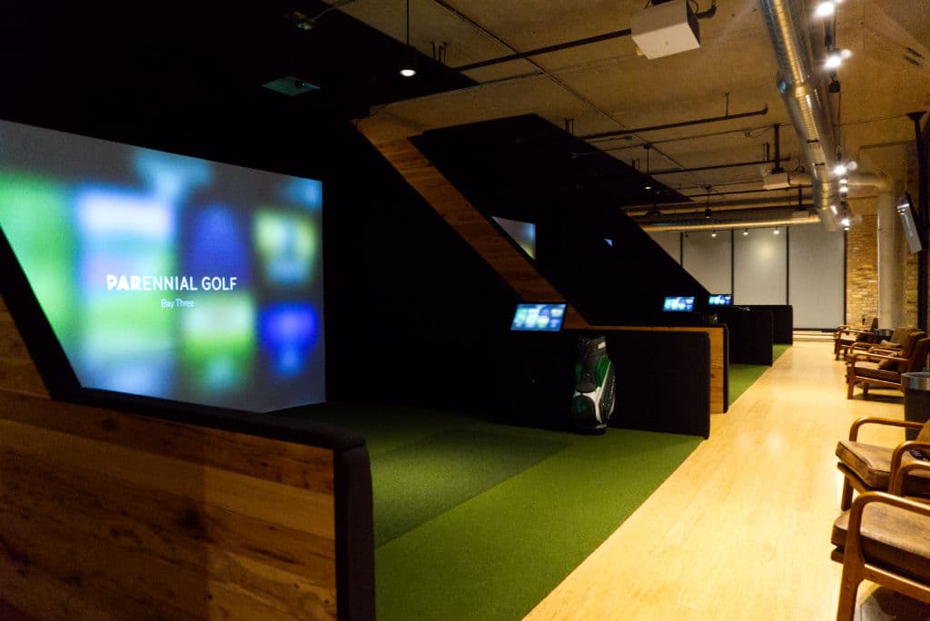 PARennial Golf indoor facility in Chicago West Loop showing golf simulators